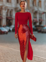 Radiant Red Two-Tone Sequin Midi Dress