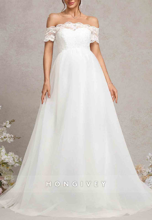 Off the Shoulder Floor-Length A-Line Empire Tulle Wedding Dresses with Lace Corset
