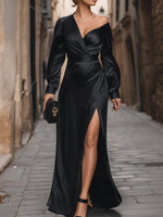 Sleek Black Satin One-Shoulder Maxi Dress