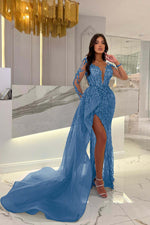 Shiny Blue Split Long Sleeves Mermaid Beaded Prom Dress Appliques Tulle