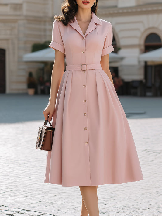 Blush Pink Shirt Dress With Belted Waist Fit-and-Flare Midi Silhouette