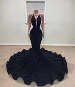 Hidais Black Sleeveless Deep V Neck Long Mermaid Halter Prom Dress With Sequins