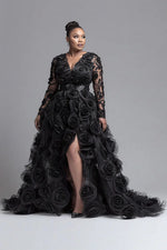 Plus Size Formal Black V Neck Long Sleeve 3D Elegant Split Tulle Maxi Dresses