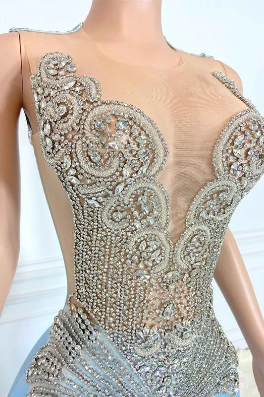 Sky Blue Scoop Sleeveless Mermaid Prom Dress With Crystal