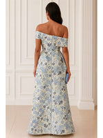 Blue Flowers Floral Print Off the Shoulder Sleeveless Mermaid Evening Dress