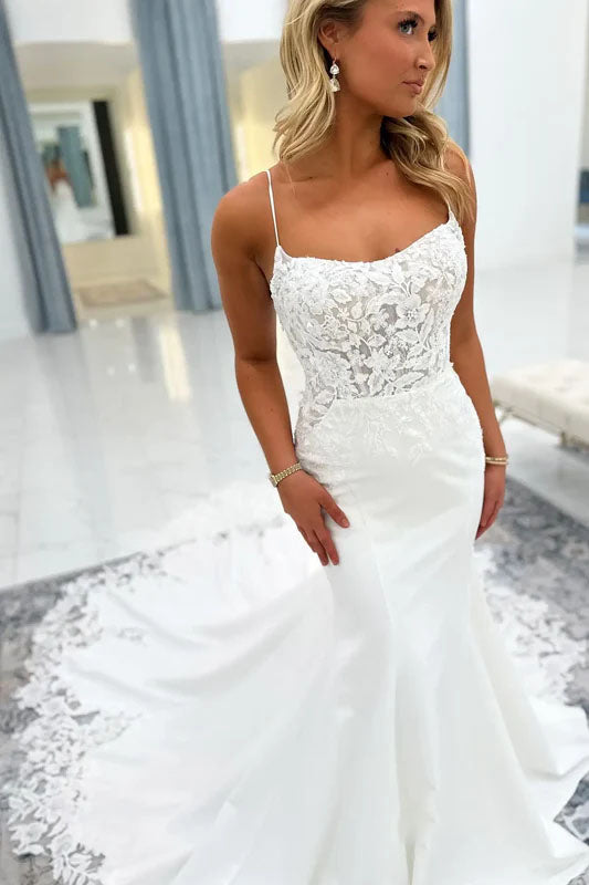 Elegant Ivory Lace Appliqué Mermaid Wedding Dress with Spaghetti Straps heer Bodice