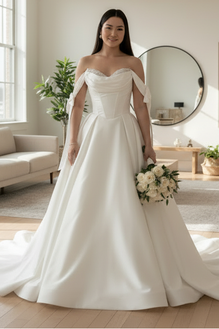 Elegant Satin Ball Gown Wedding Dress with Beaded Sweetheart Corset Off-Shoulder Bow Sleeves