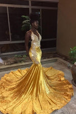 Elegant V-Neck Sleeveless Mermaid Appliques Yellow Prom Party Gowns