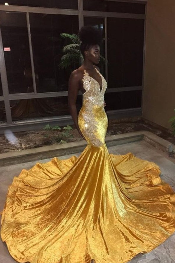 Elegant V-Neck Sleeveless Mermaid Appliques Yellow Prom Party Gowns