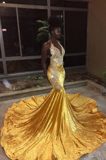 Elegant V-Neck Sleeveless Mermaid Appliques Yellow Prom Party Gowns