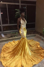 Elegant V-Neck Sleeveless Mermaid Appliques Yellow Prom Party Gowns
