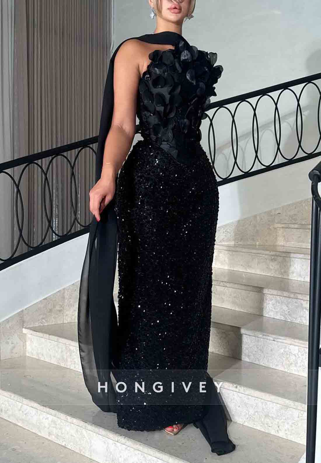 Sparkly Appliqued Black Strapless Sequined Sheath Evening Gowns