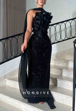 Sparkly Appliqued Black Strapless Sequined Sheath Evening Gowns