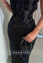 Sparkly Appliqued Black Strapless Sequined Sheath Evening Gowns