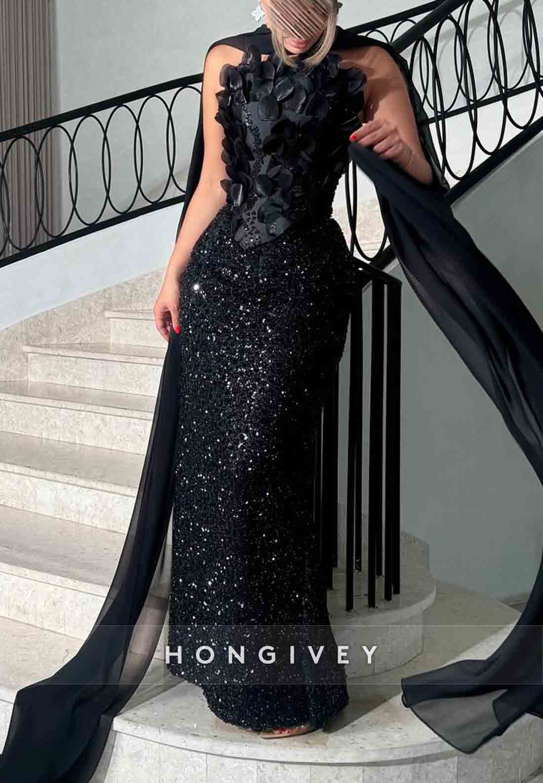 Sparkly Appliqued Black Strapless Sequined Sheath Evening Gowns
