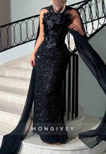 Sparkly Appliqued Black Strapless Sequined Sheath Evening Gowns