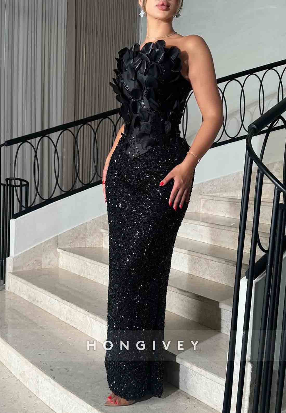 Sparkly Appliqued Black Strapless Sequined Sheath Evening Gowns
