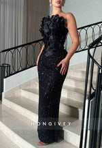 Sparkly Appliqued Black Strapless Sequined Sheath Evening Gowns
