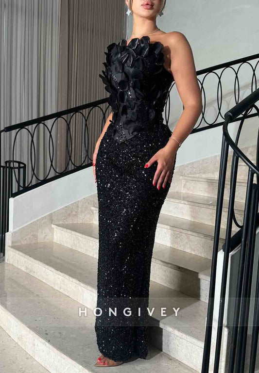 Sparkly Appliqued Black Strapless Sequined Sheath Evening Gowns