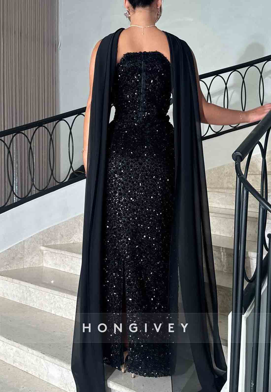 Sparkly Appliqued Black Strapless Sequined Sheath Evening Gowns