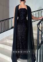 Sparkly Appliqued Black Strapless Sequined Sheath Evening Gowns