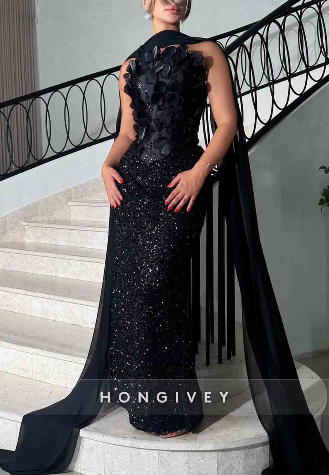 Sparkly Appliqued Black Strapless Sequined Sheath Evening Gowns