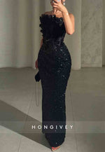 Sparkly Appliqued Black Strapless Sequined Sheath Evening Gowns