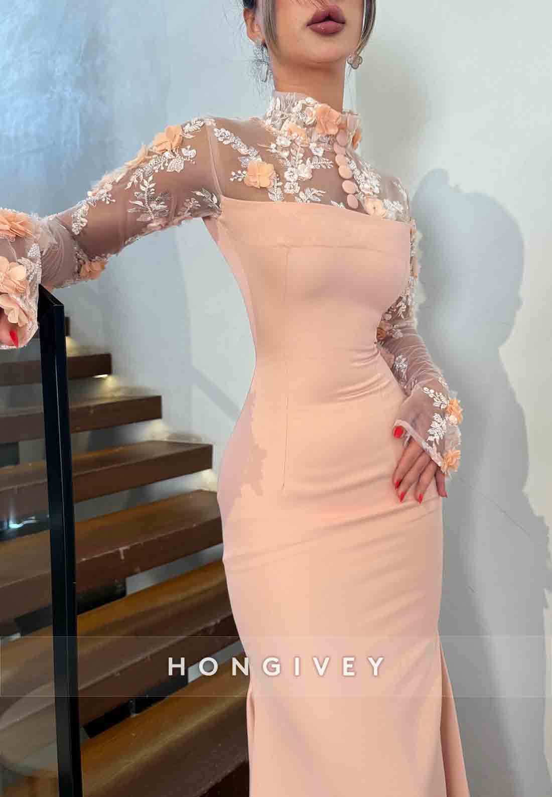 High Neck Long Sleeves Light Pink Trumpet Evening Gown with 3D Flowers