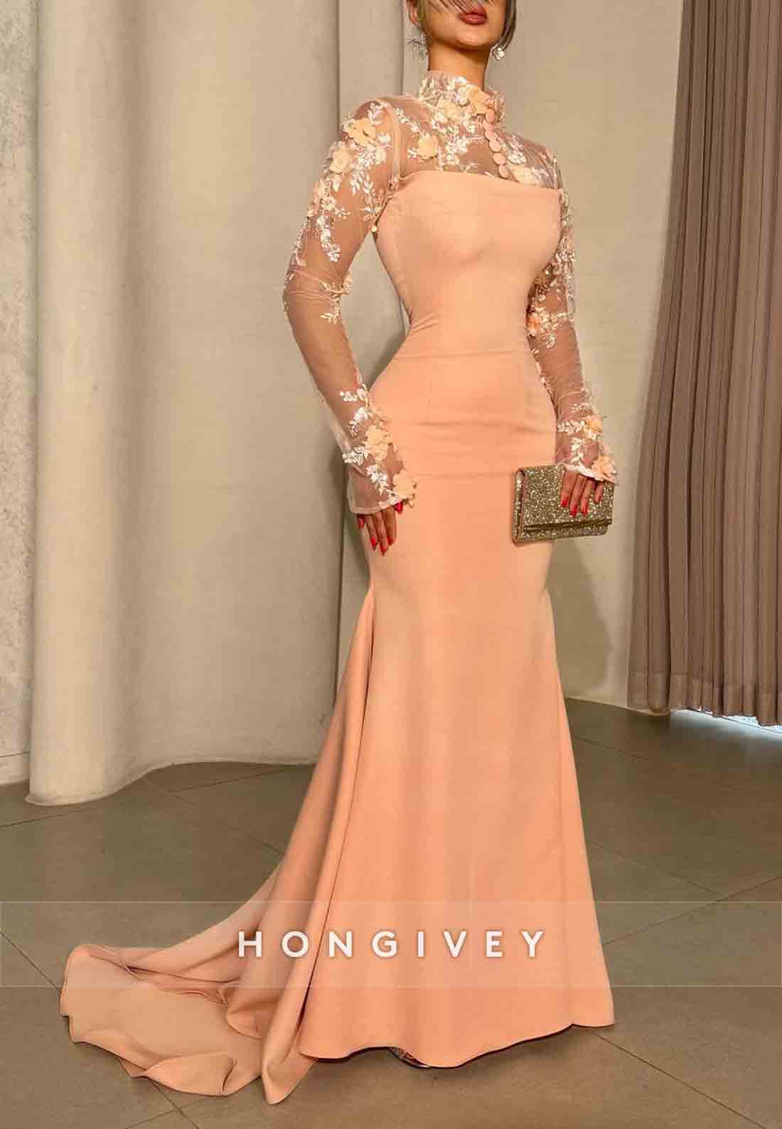 High Neck Long Sleeves Light Pink Trumpet Evening Gown with 3D Flowers