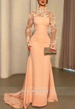 High Neck Long Sleeves Light Pink Trumpet Evening Gown with 3D Flowers