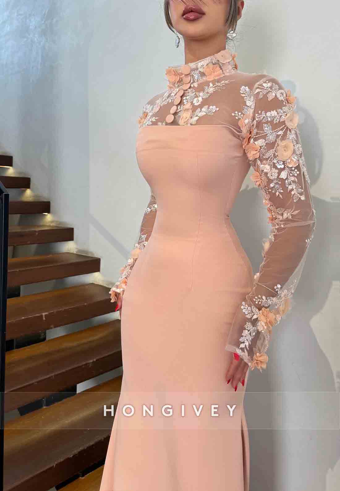 High Neck Long Sleeves Light Pink Trumpet Evening Gown with 3D Flowers