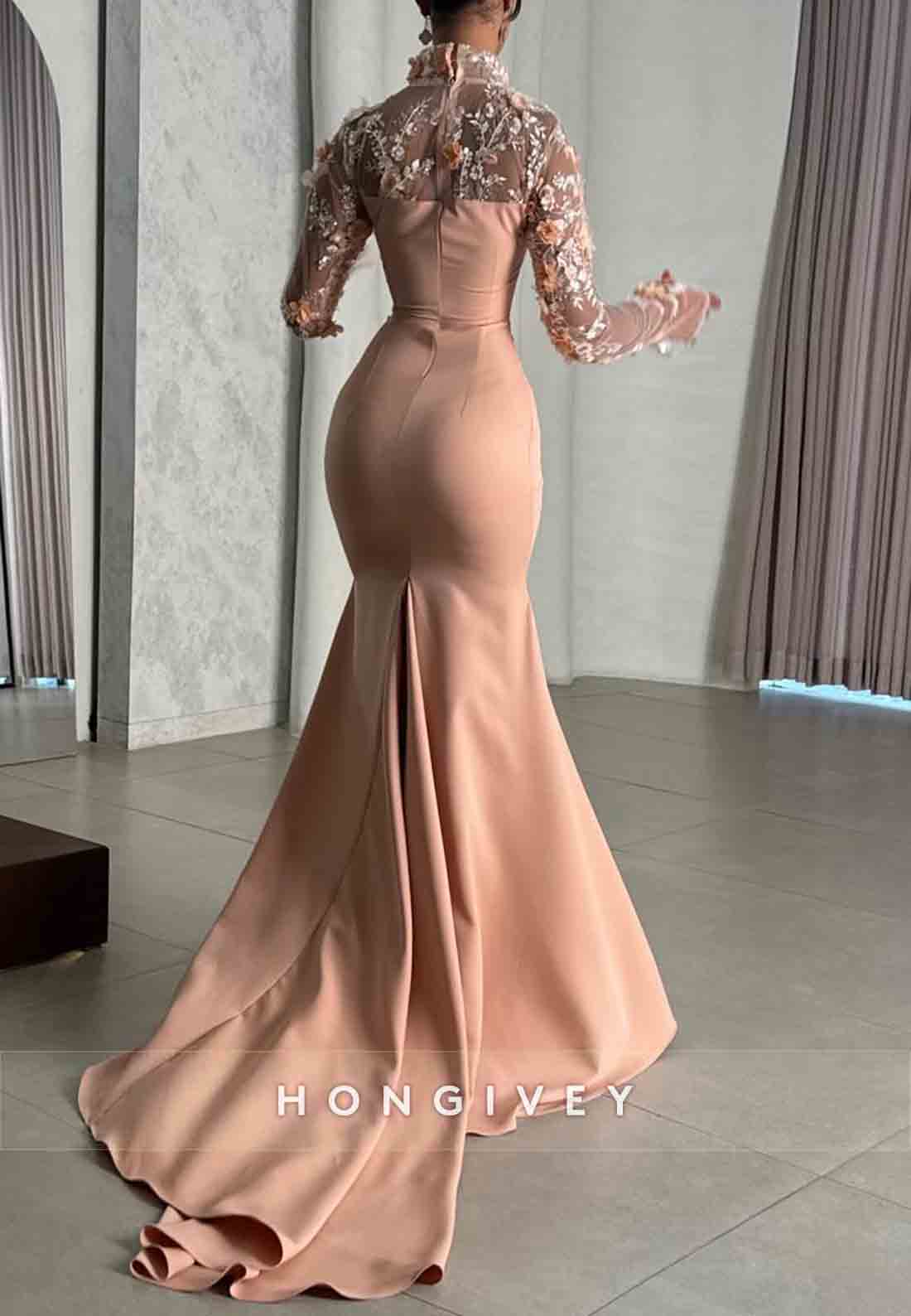 High Neck Long Sleeves Light Pink Trumpet Evening Gown with 3D Flowers