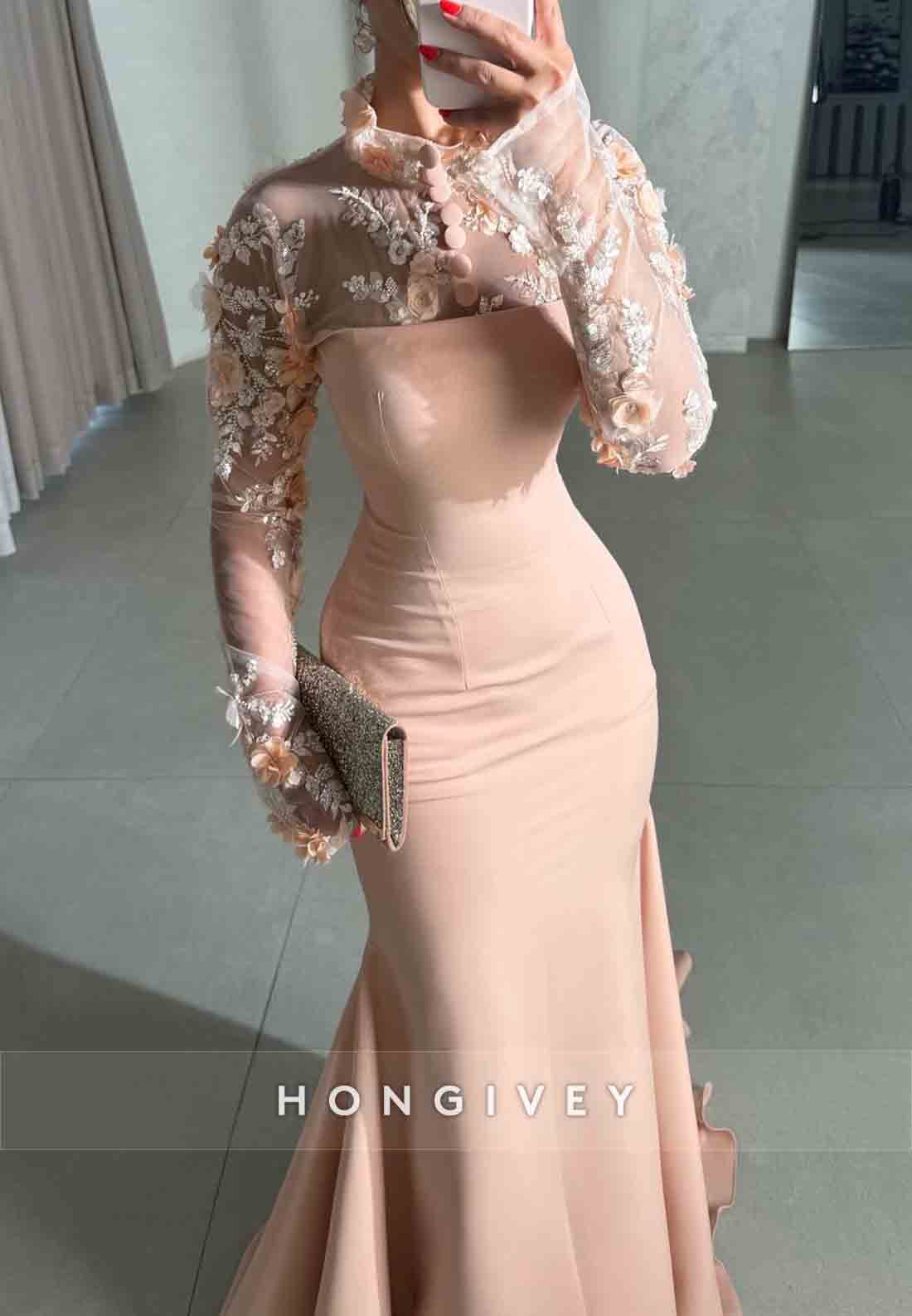 High Neck Long Sleeves Light Pink Trumpet Evening Gown with 3D Flowers