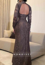 Floral Backless High Neck Long Sleeves Lace Trumpet Formal Gowns