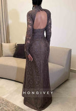 Floral Backless High Neck Long Sleeves Lace Trumpet Formal Gowns