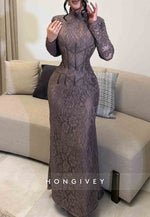 Floral Backless High Neck Long Sleeves Lace Trumpet Formal Gowns