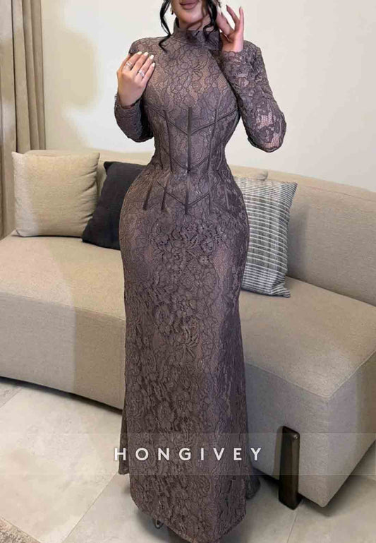 Floral Backless High Neck Long Sleeves Lace Trumpet Formal Gowns