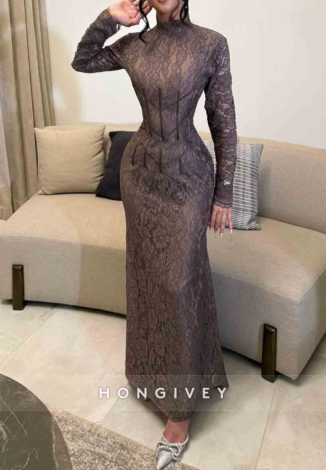 Floral Backless High Neck Long Sleeves Lace Trumpet Formal Gowns