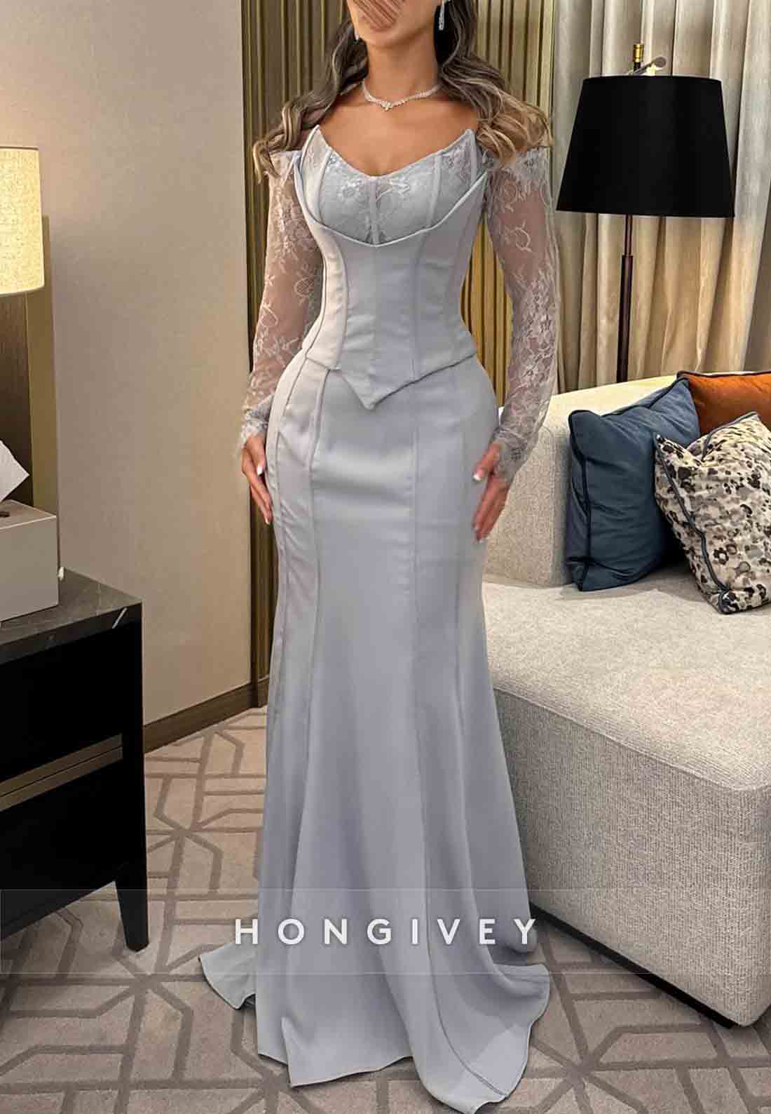 Lace Long Sleeves Off the Shoulder Satin Dolphin Grey Trumpet Evening Gown