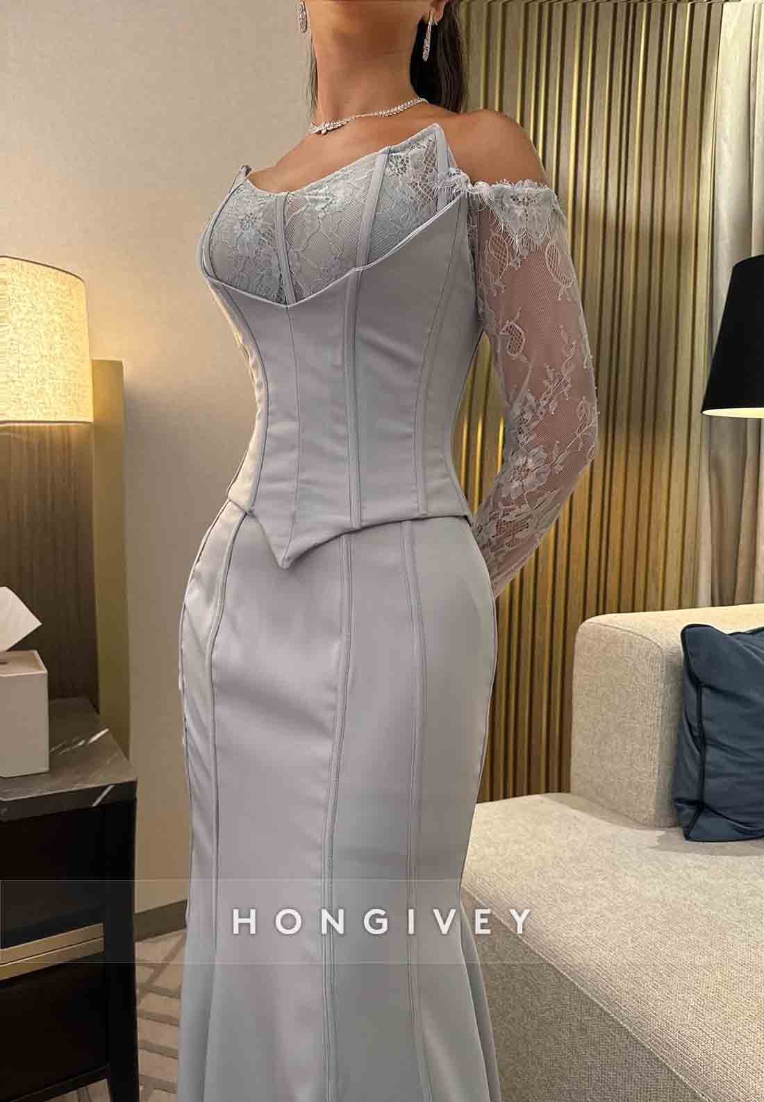 Lace Long Sleeves Off the Shoulder Satin Dolphin Grey Trumpet Evening Gown