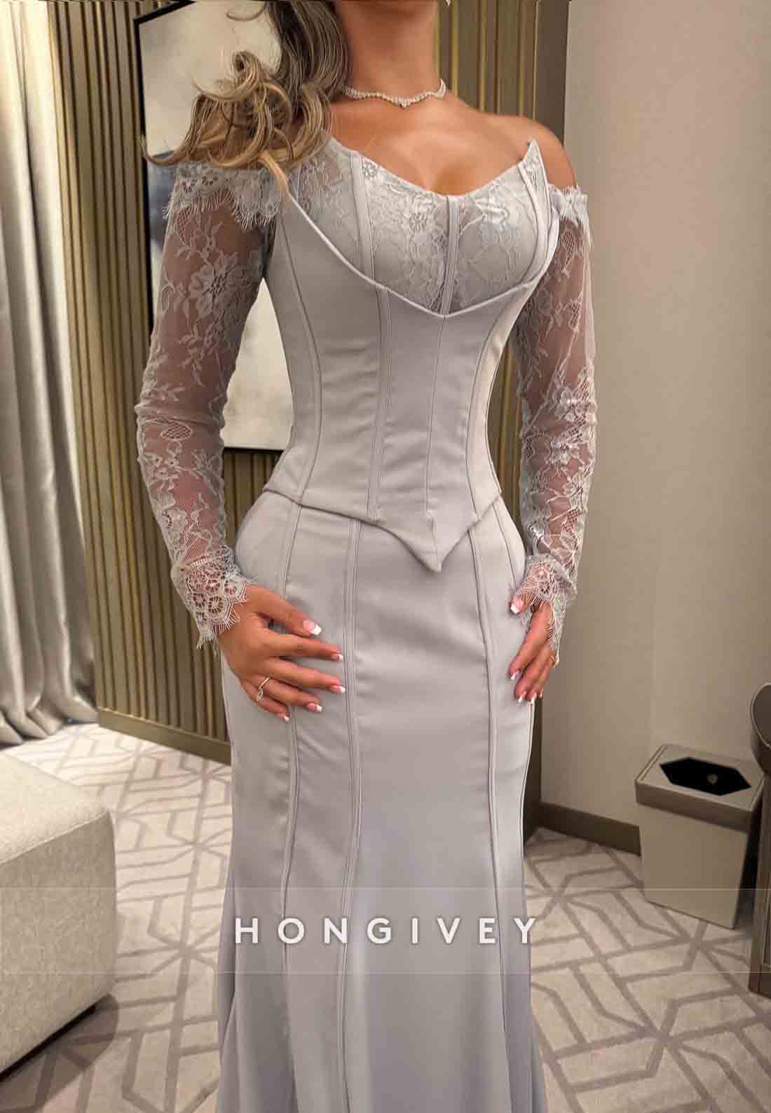 Lace Long Sleeves Off the Shoulder Satin Dolphin Grey Trumpet Evening Gown