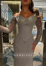 Lace Long Sleeves Off the Shoulder Satin Dolphin Grey Trumpet Evening Gown