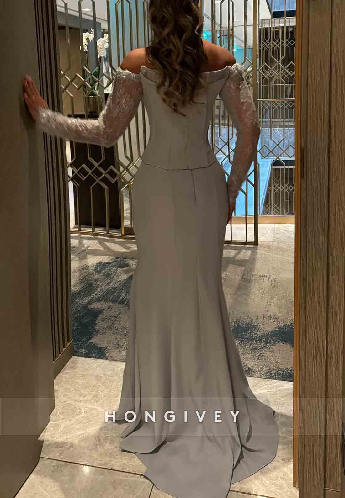 Lace Long Sleeves Off the Shoulder Satin Dolphin Grey Trumpet Evening Gown