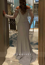 Lace Long Sleeves Off the Shoulder Satin Dolphin Grey Trumpet Evening Gown