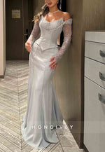 Lace Long Sleeves Off the Shoulder Satin Dolphin Grey Trumpet Evening Gown