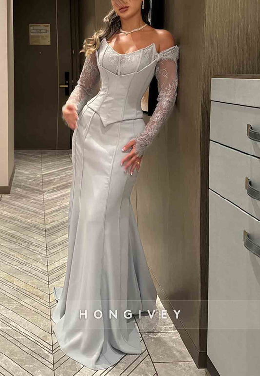 Lace Long Sleeves Off the Shoulder Satin Dolphin Grey Trumpet Evening Gown