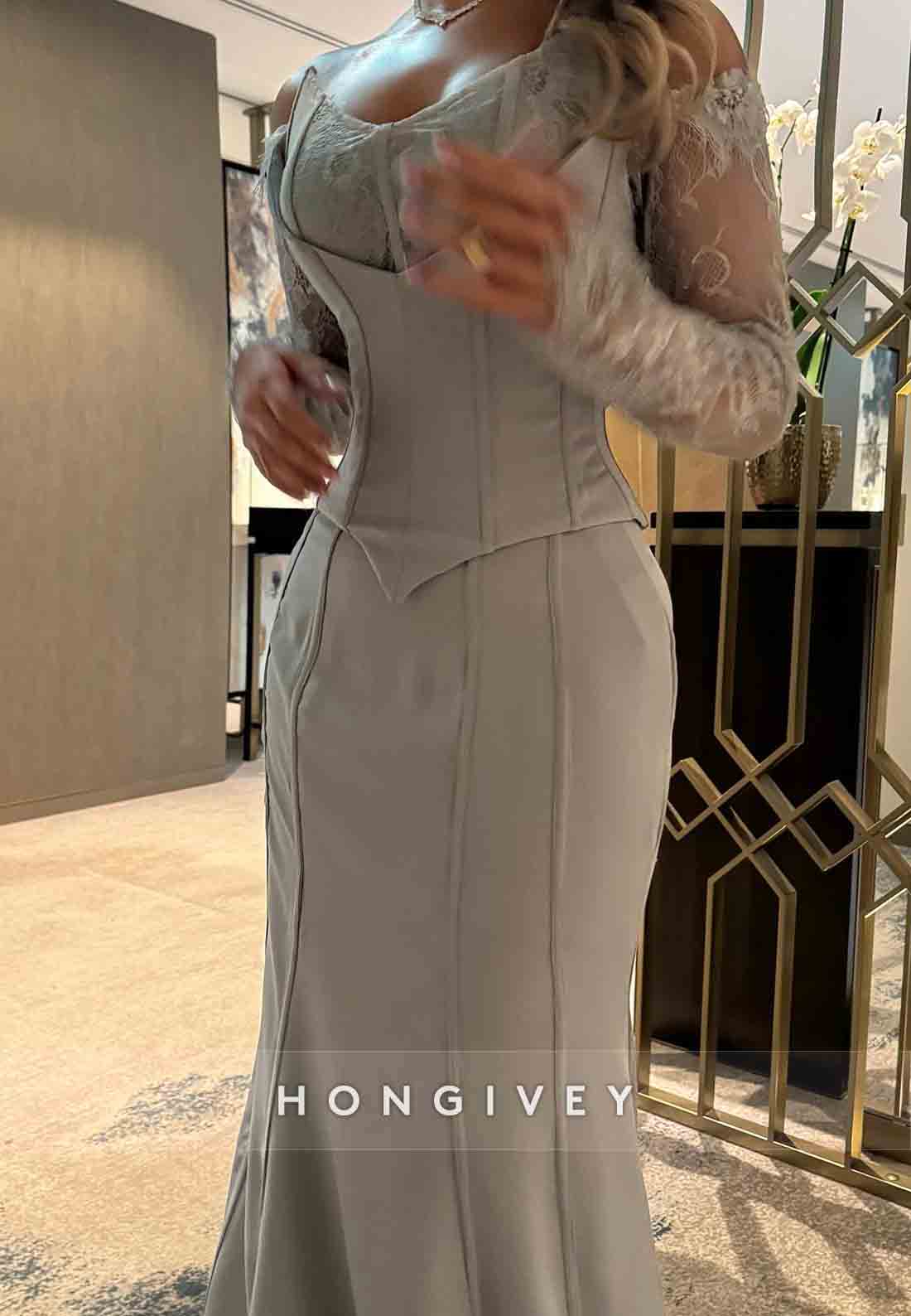 Lace Long Sleeves Off the Shoulder Satin Dolphin Grey Trumpet Evening Gown