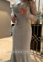 Lace Long Sleeves Off the Shoulder Satin Dolphin Grey Trumpet Evening Gown