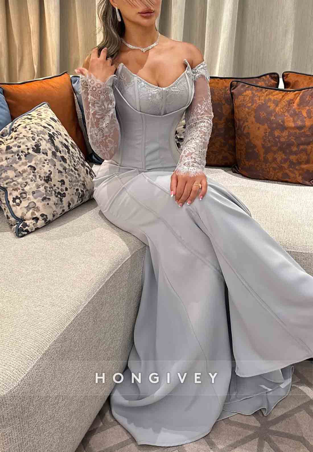 Lace Long Sleeves Off the Shoulder Satin Dolphin Grey Trumpet Evening Gown