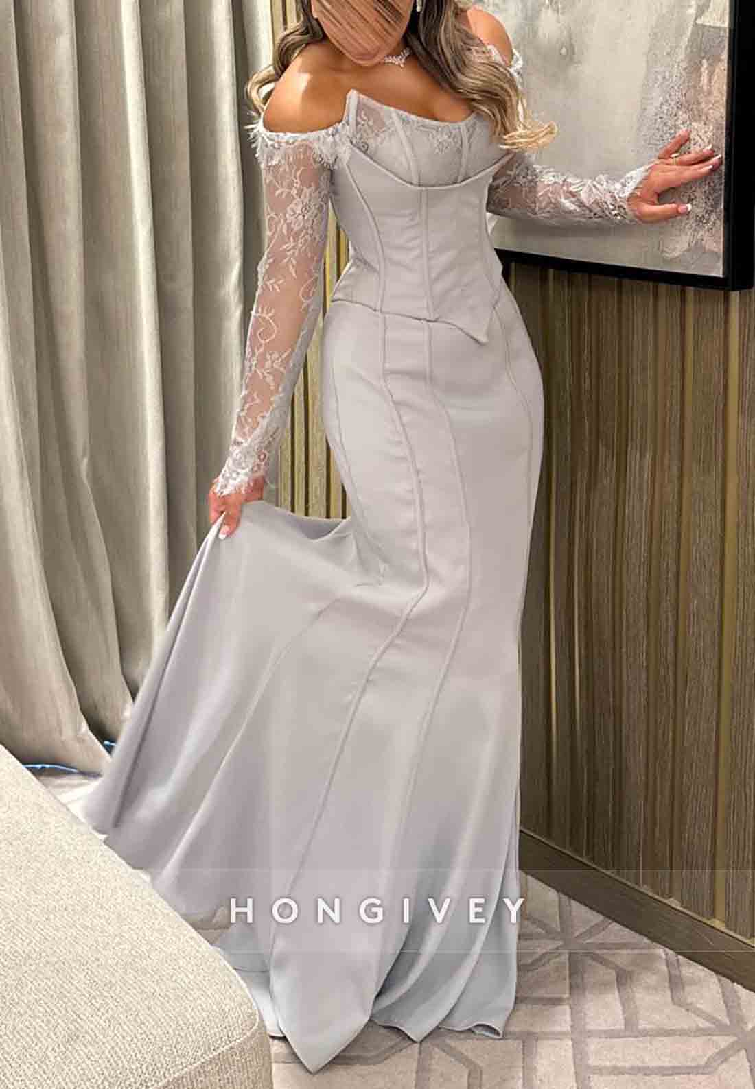 Lace Long Sleeves Off the Shoulder Satin Dolphin Grey Trumpet Evening Gown